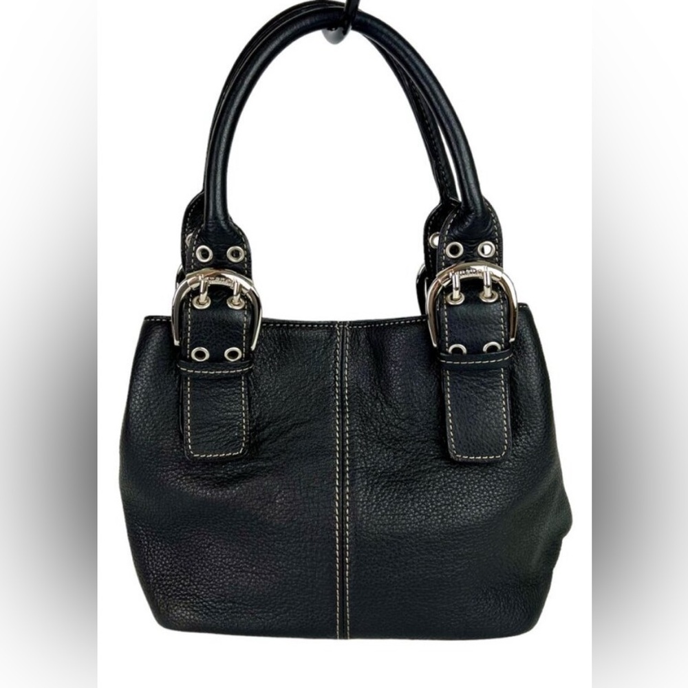 TIGNANELLO BLACK PEBBLED LEATHER BUCKLED BUCKET SATCHEL SILVER HARDWARE Y2K BAG